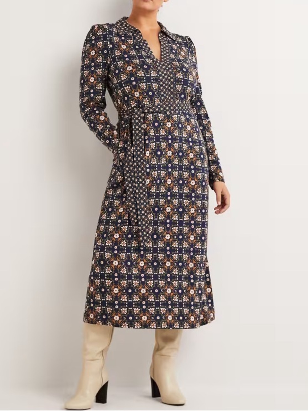 Boden - Basil Bloom Tile Long-Sleeve Midi Dress (Navy)